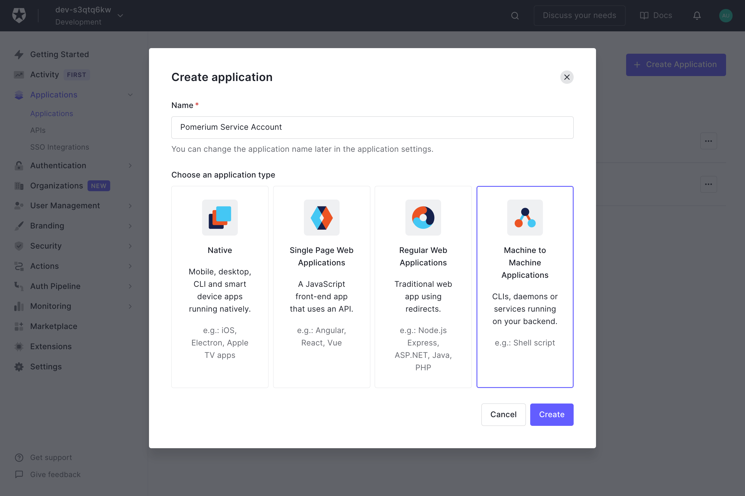 Auth Create Application Select Service Account Platform